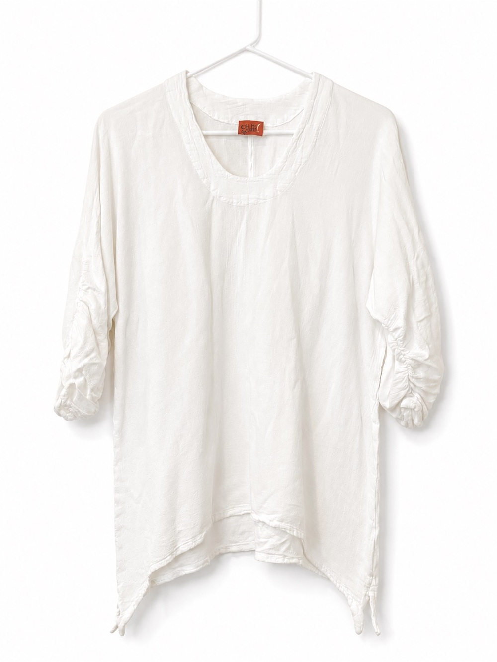 Oh My Gauze! White Scoop-Neck Ruched Sleeve Tunic